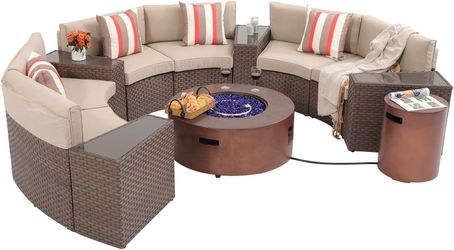 12-Piece Half Moon Outdoor Patio Sofa Set with Fire Pit Table – Like New / Open Box