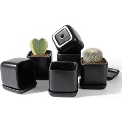 New in box Square Succulent Plant Pot - 3.5 Inch Matte Black Ceramic Small Planters for Cactus Succulent with Drainage Hole & Saucer, Set of 6