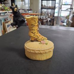 Tiffany's Shoes Small Trinket Box With Decorative Victorian Boot On Top W/Raised Roses, Made By CKG 5"H X 3.75"W