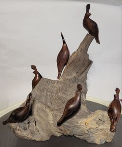 VTG MCM Ironwood Quail Family Covey On Burl REMOVABLE Birds Carved Sculpture
