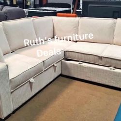 Beautiful‼️ 3-Pc Convertible Ivory Sectional Sofa W/Pullout Bed, Storage, And USB Port