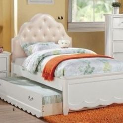 Brand New White/Light Pink Girls Panel Bed with Pullout Trundle