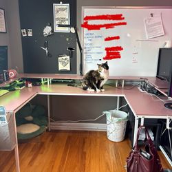 U-Shaped Pink And White Desk With Lights