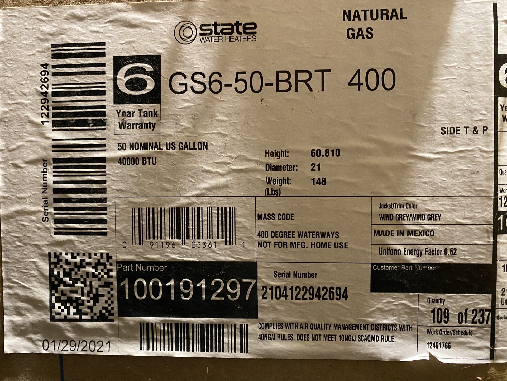 NEW! WATER HEATER GS6-50-BRT-400 50 Gallon Natural Gas 40,000 BTU IPH (REPL GS6-50-YBRT) Unopened New In Box! Guaranteed!