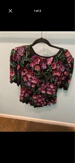 Sequin Floral Beaded Short Sleeve Top