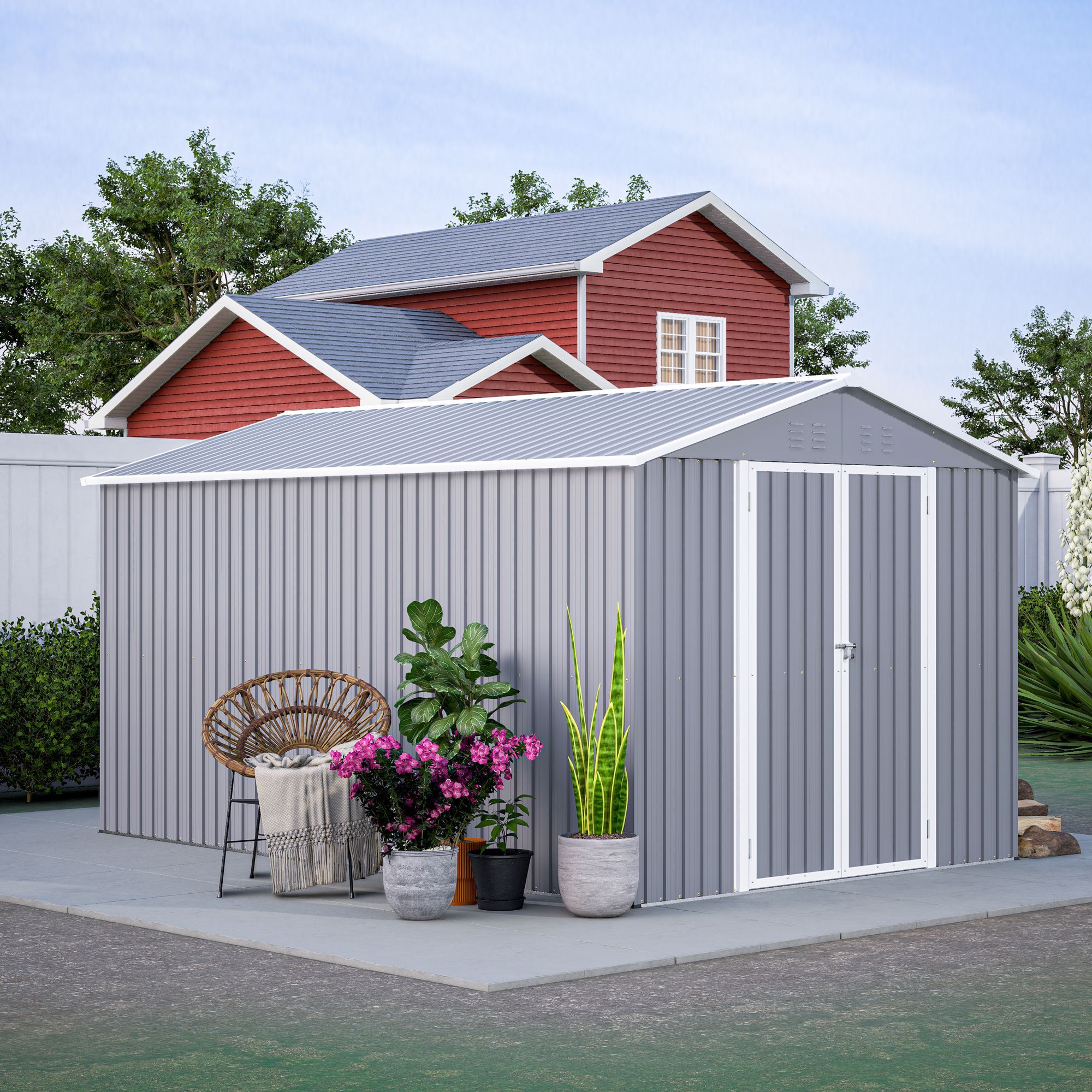 8 x 12 FT Outdoor Storage Shed, Large Metal Tool Storage with Aluminium Frame and Lockable Doors, Storage for Backyard Garden Patio Lawn, Grey