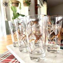 Vintage Boho Gold Wheat/pampas Print Glasses, Set Of 6