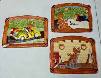 Vintage Ceramic Deer & Hunter Wall Art - Set of 3