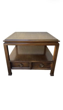 Hekman Walnut End Table with parquet patterned top and two lower drawers and brass