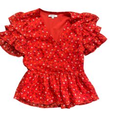 Madewell Red Floral Ruffle V-Neck Top Size 2