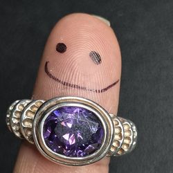 Sterling Silver Purple Oval Faceted Stone Ring Size 9.25 Beaded Band