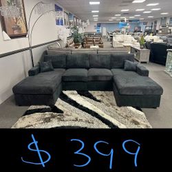 Black Corduroy Double Chaise Sectional Sofa 