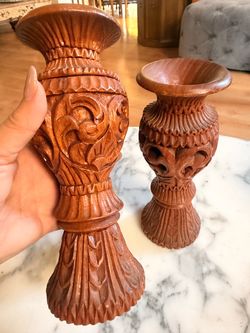 Hand-Carved Wooden Vases Set of 2