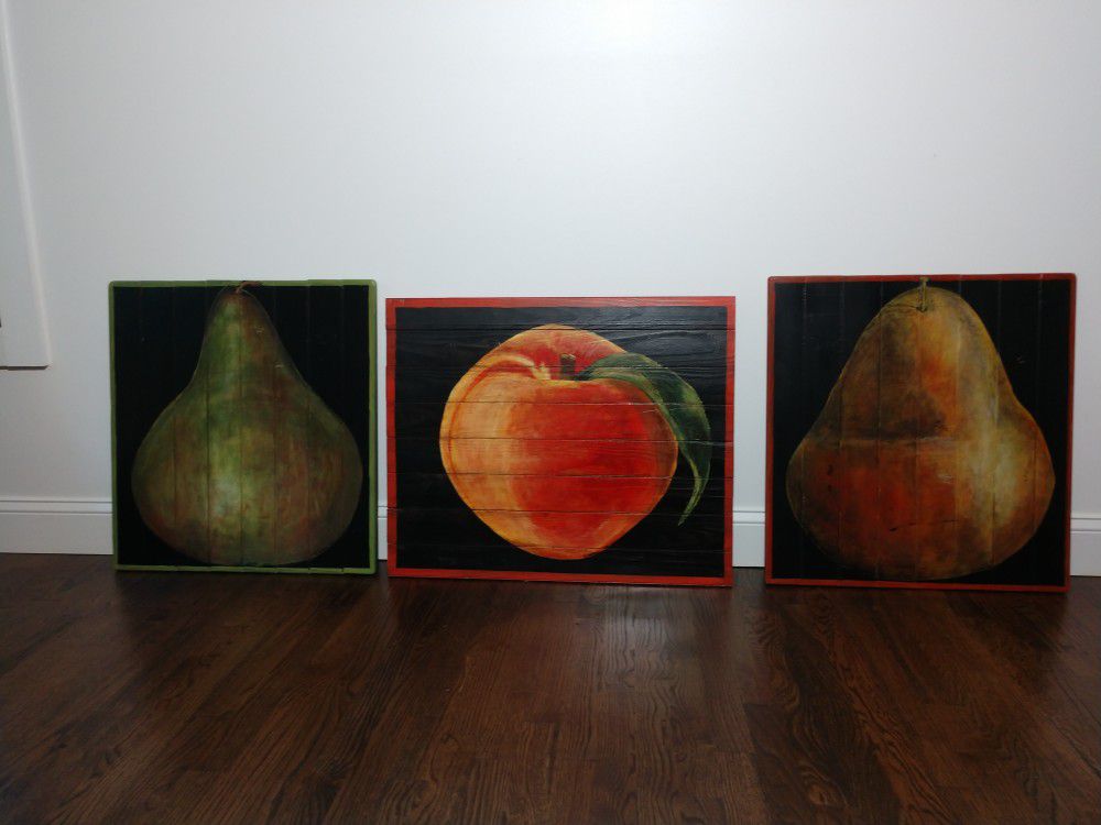 Original fruit paintings by G. Miller. Painted on beard board. Dimmensions: Pears 24" x 26" & Peach 24" x 30".