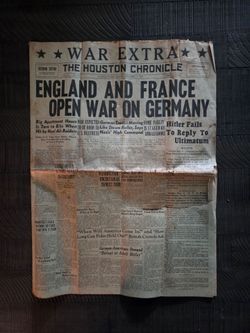 September 1939 WWII Newspaper England & France Enter War