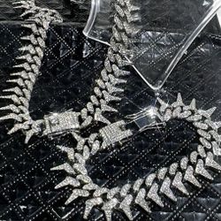 Men's Women's Fully Iced 14K White Gold Plated Cubic Zirconia Spikes Thron 20" Necklace & Bracelet Set 