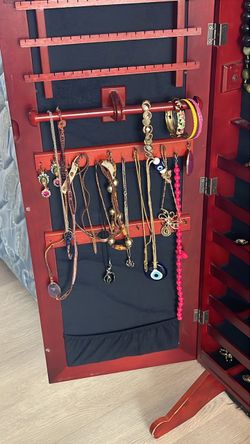 Red Wood Standing Jewelry Armoire Cabinet