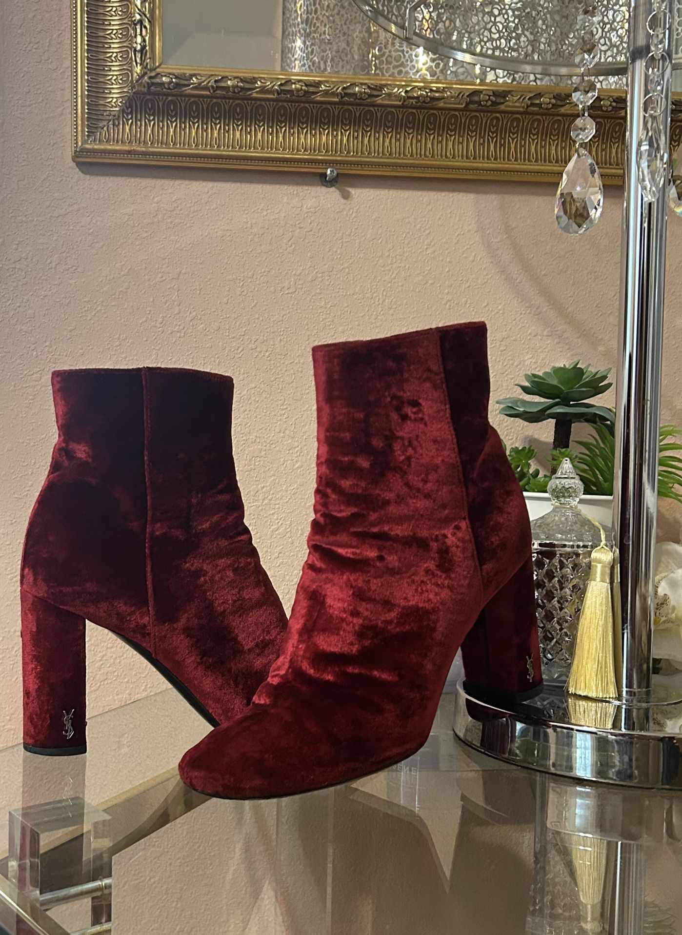 AUTHENTIC Saint Laurent YSL Velvet Loulou Ankle Boots Size 36.5