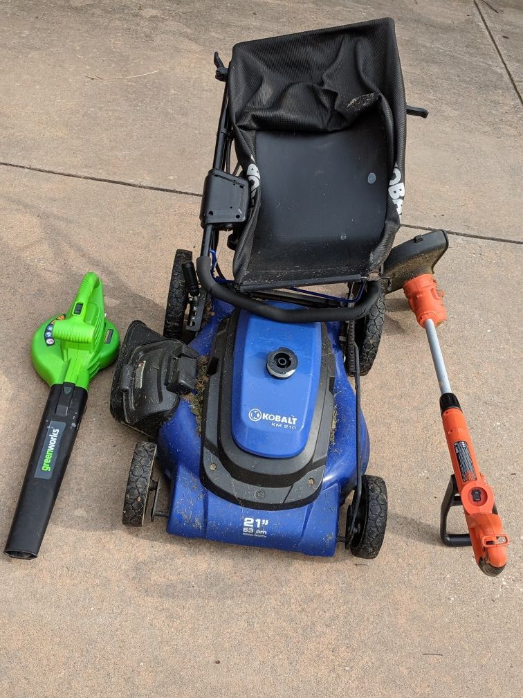 Kobalt KM210 Electric Lawn Mower, Greenworks Blower, Black&Decker