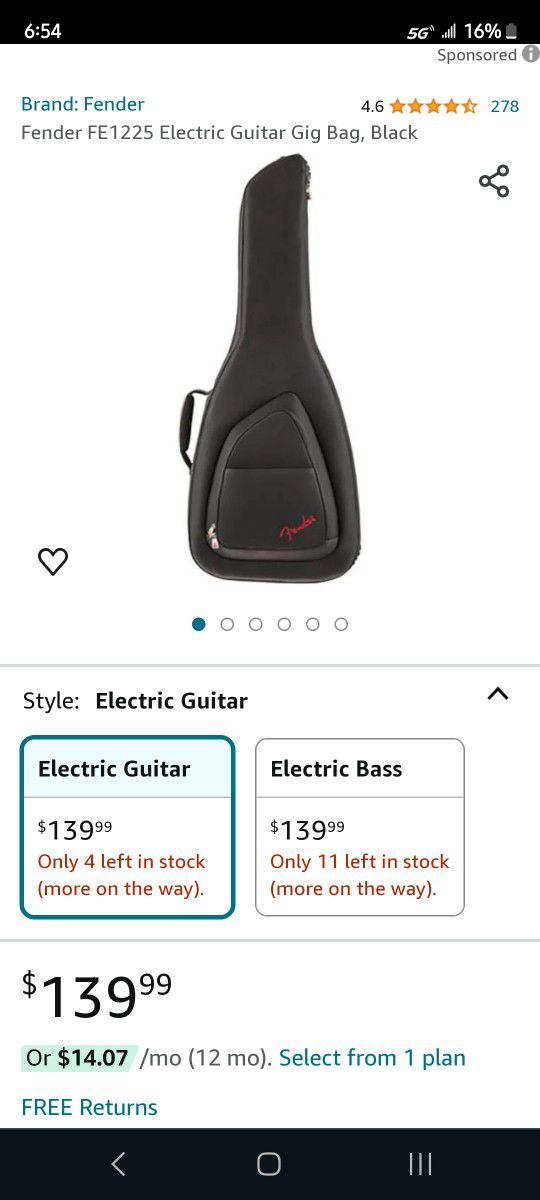 Fender FE1225 Electric Guitar Gig Bag, Black
