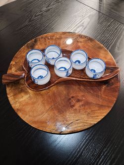 Vintage Blue & White Ceramic Sake Set - 6 Kanji Cups with Carved Wooden Leaf Tray