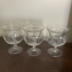 Vintage Etched Glass Bowl With Leaf Pattern On Pedestal With Inserts For Shrimp Cocktail 