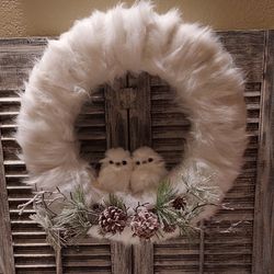 White Furry Wreath / Handmade/ Artificial Owls/ Measuring 17in