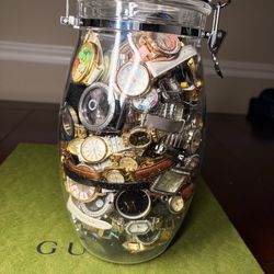 Large Lot of Mixed Watches in Glass Jar modern & vintage