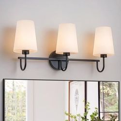 3-Light Bathroom Light Vanity Fixtures,24.4" Farmhouse with Milky White Glass Shade,Black