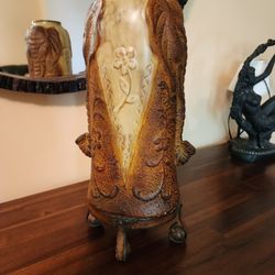 Vintage, Coated metal vase.  Elephants with uplifted trunks symbolize happiness.