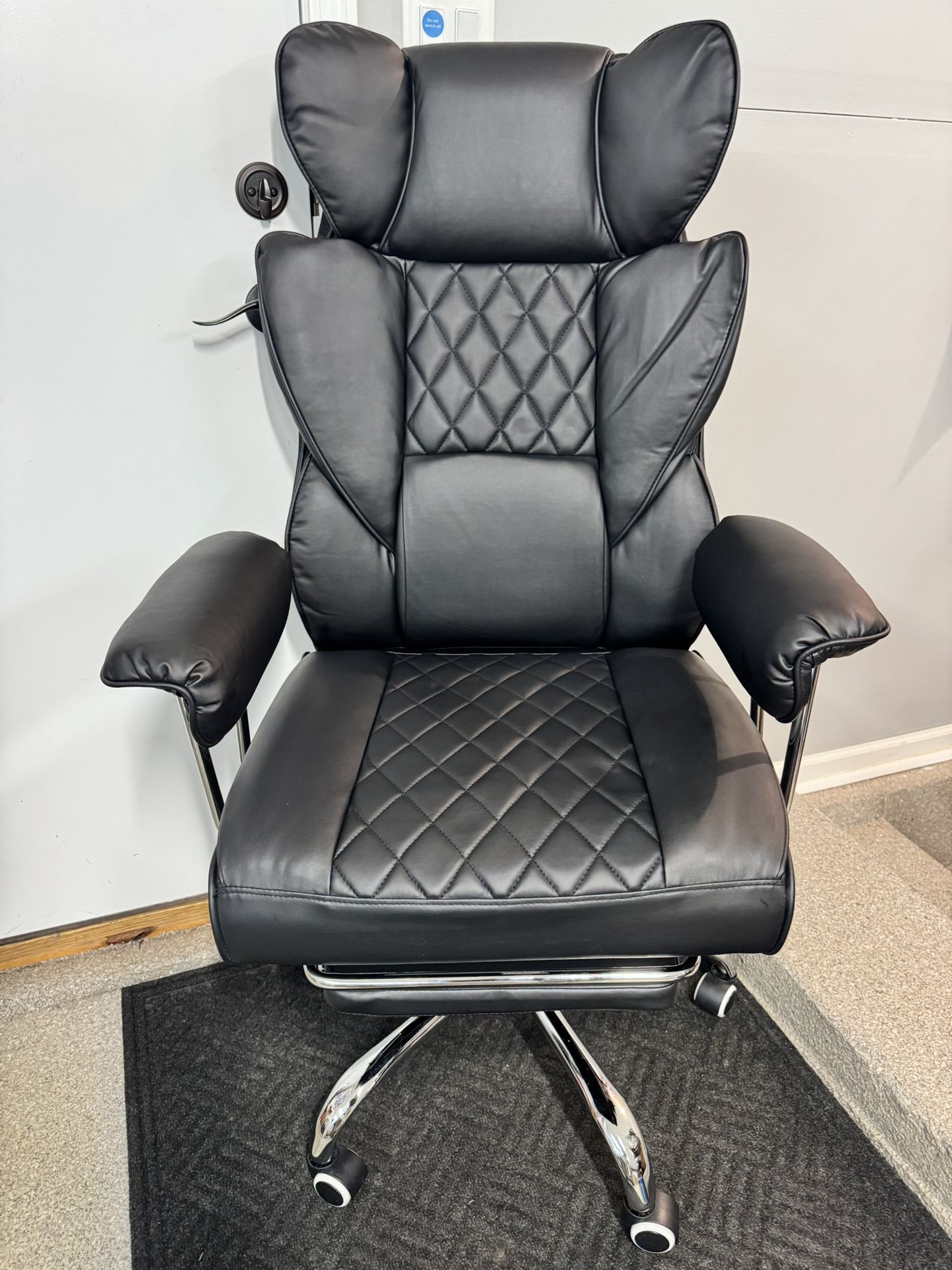 Brand New Black Vegan Leather Tall Back Big & Tall Executive Office Chair w/Slide Out Footrest