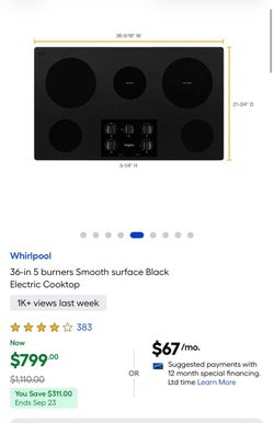 Whirlpool 36-in 5 burners Smooth surface Black Electric Cooktop