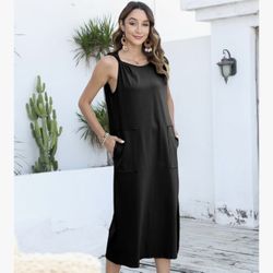 Womens Summer Boat Neck Twist Cap Sleeve Casual Sundress Side Split Midi Tshirt Dress with Pockets