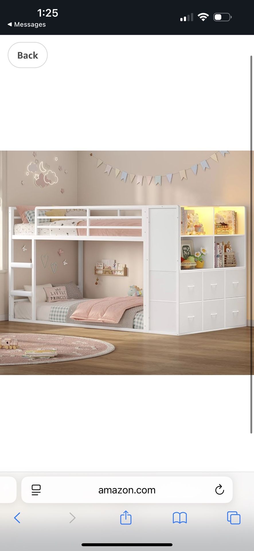 Bunk Bed Twin Over Twin with 6 Large Fabric Drawers & 4 Wooden Storage Bookshelf Organizer, Metal Low Bunk Bed for Kids with LED Lights & Safety Ladde