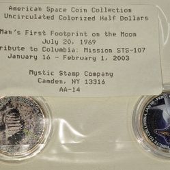 1969 Lunar Mission and Columbia Shuttle Tribute Coin set from the American Space Coin Collection. 
Description: The set includes two uncirculated, col