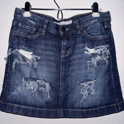 Distressed Custom Reworked Womens Denim Skirt, Perfect For Going Out
