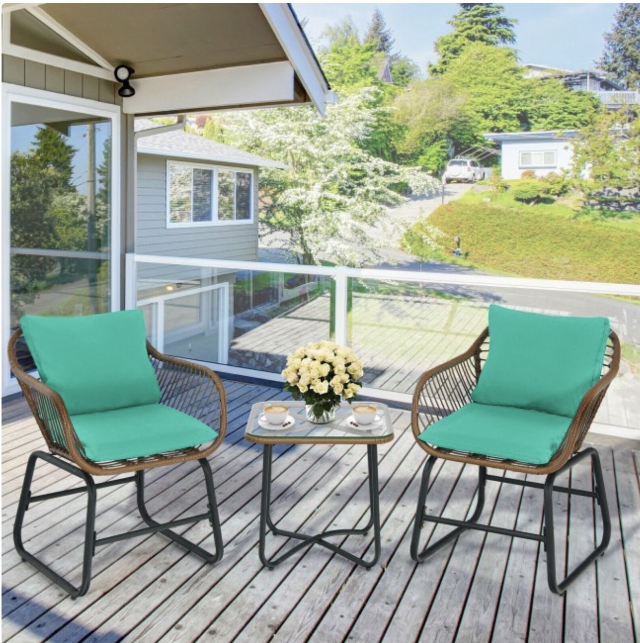 3 Pcs Bistro Set Cushioned Chairs Glass Table Rattan Furniture