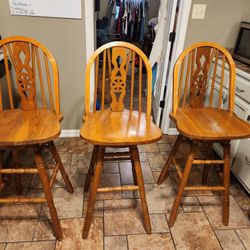 3 Solid Oak Tall Swivel Barstools