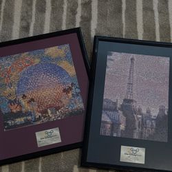 Epcot Spaceship Earth & Epcot France Pavilion Photomosaic 1999-2000 Framed Set