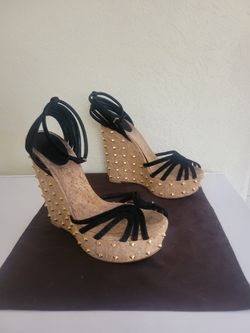 Gucci Black Studded Suede Cork Wedges - US 8