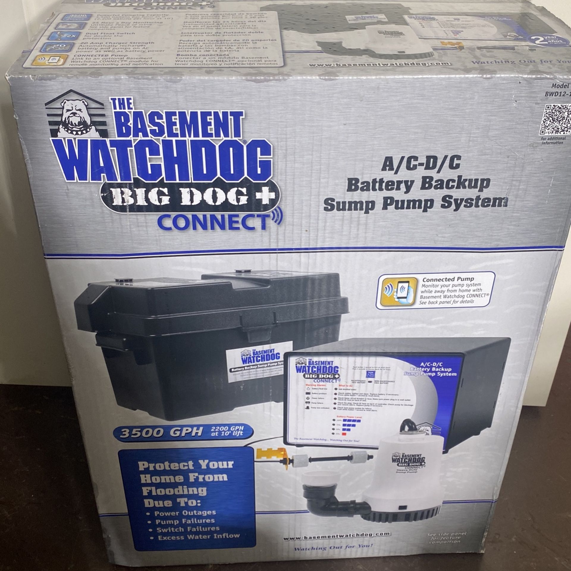 Big Dog CONNECT 3500 GPH Submersible Battery Backup Sump Pump with Smart WiFi Capable Monitoring Controller and Charger