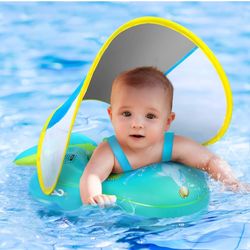 No Flip Over Baby Pool Float with Canopy UPF50+ Sun Protection, Inflatable Baby Float with Sponge Safety Support Bottom, Fun Gifts Water Toys Accessor