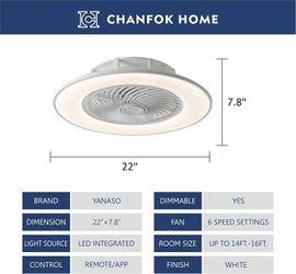 22 Inch Ceiling Fans with Remote Control, Lights, Modern Bladeless- Smart LED Dimmable Lighting Indoor Low Profile, Flush Mount