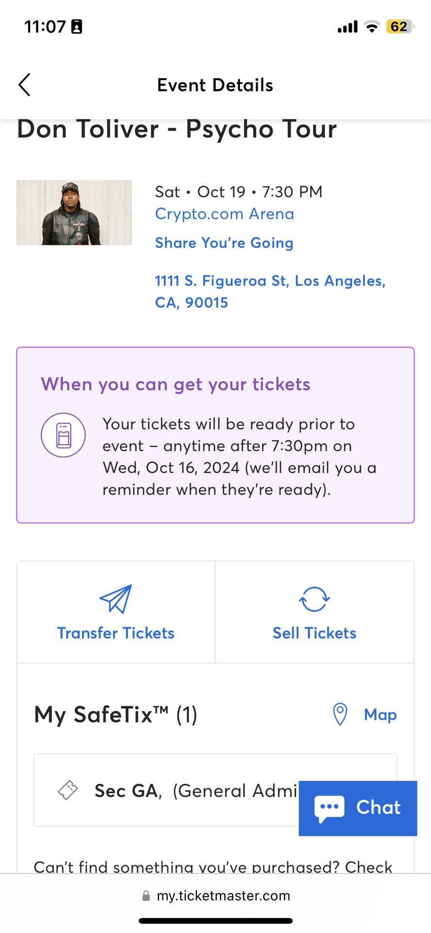 DON TOLIVER 10/17 GA TICKET CRYPTO ARENA (Close to Stage)