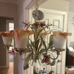 Vintage Toleware 6 Arm Chandelier Girls Room Pink Lilly Floral Cottagecore 27x16