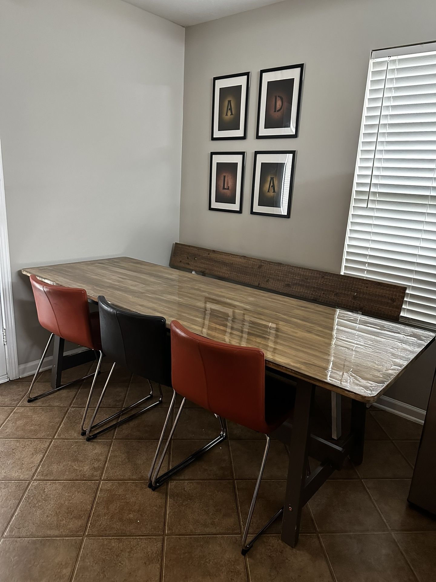 Wood dining table with bench and 3 chairs