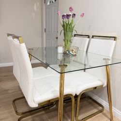 Modern Glass Dining Table Set with 4 White Chairs – Gold Finish