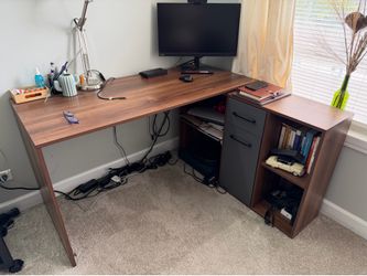 Ivinta L-Shaped Executive Desk – Brown/Gray – Storage Drawers & Shelves – Excellent Condition