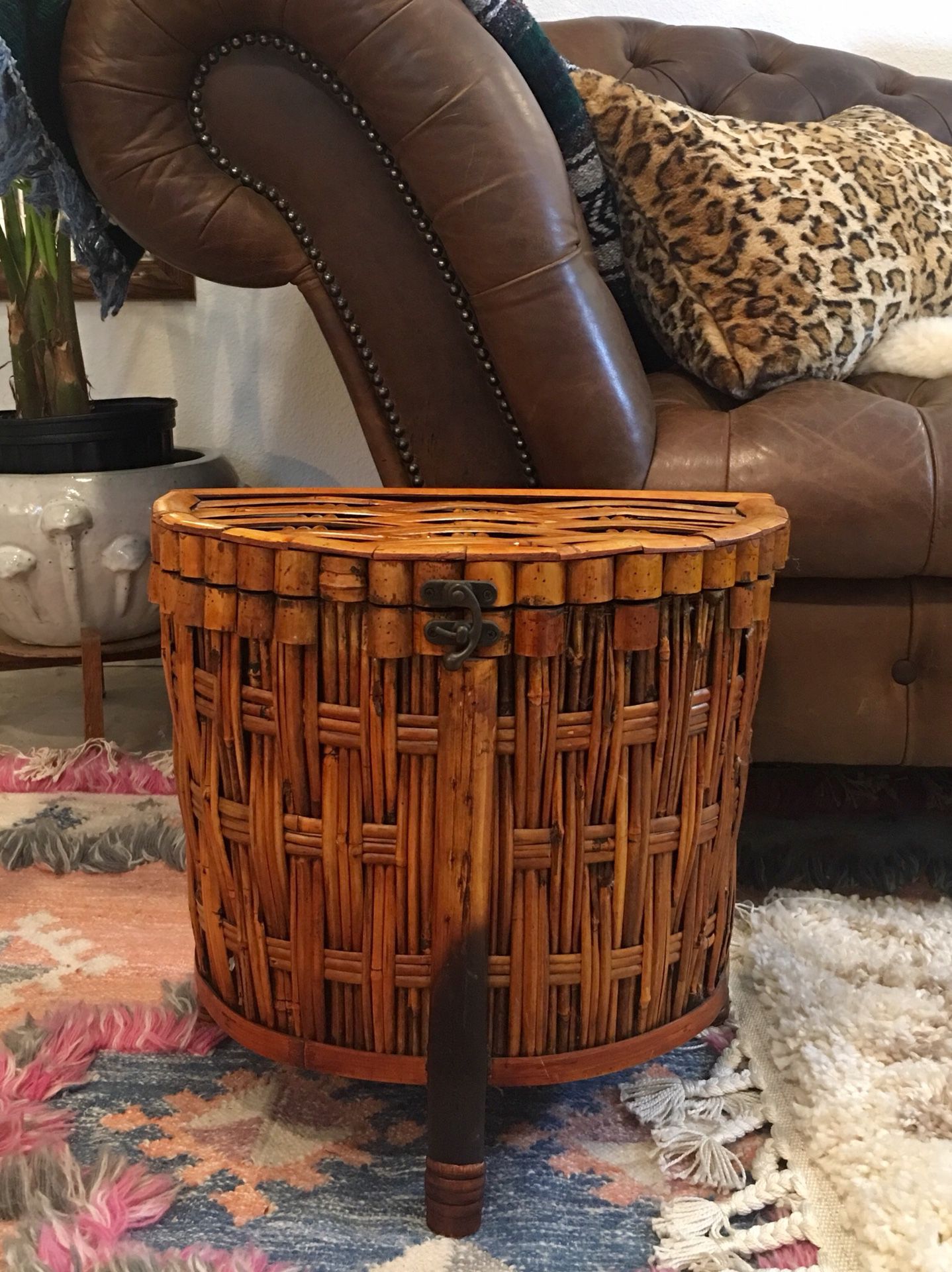 Bamboo Wicker Rattan Plant Stand With Storage Three Legged Side Table With Lid And Locking Clasp - Pick Up OC or LA