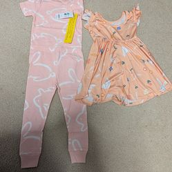 12-24 Month Baby Girl Easter/Bunny Dress (like new) and Carter's bunny pajamas (new with tag)